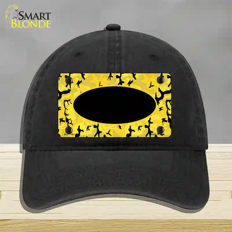 Yellow Black Camouflage With Black Center Oval Novelty License Plate Hat Unconstructed Cotton / Black