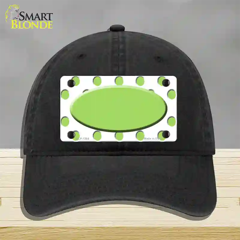 Lime Green White Polka Dot Center Oval Novelty License Plate Hat Unconstructed Cotton / Black