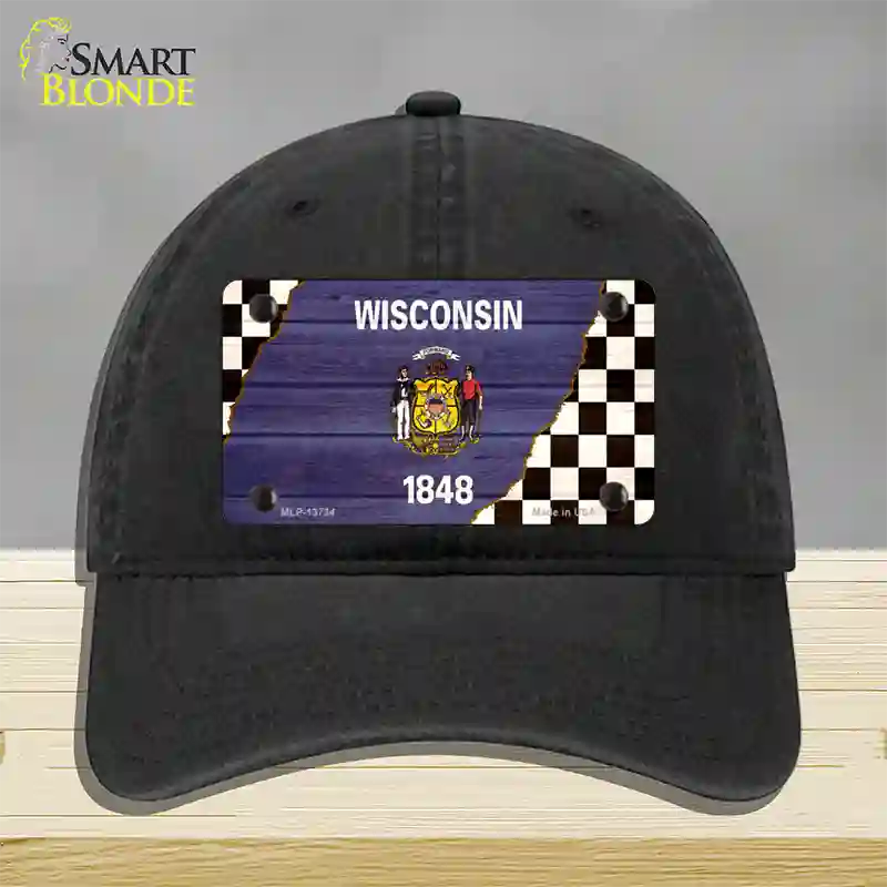 Wisconsin Racing Flag Novelty License Plate Hat Tag Unconstructed Cotton / Black