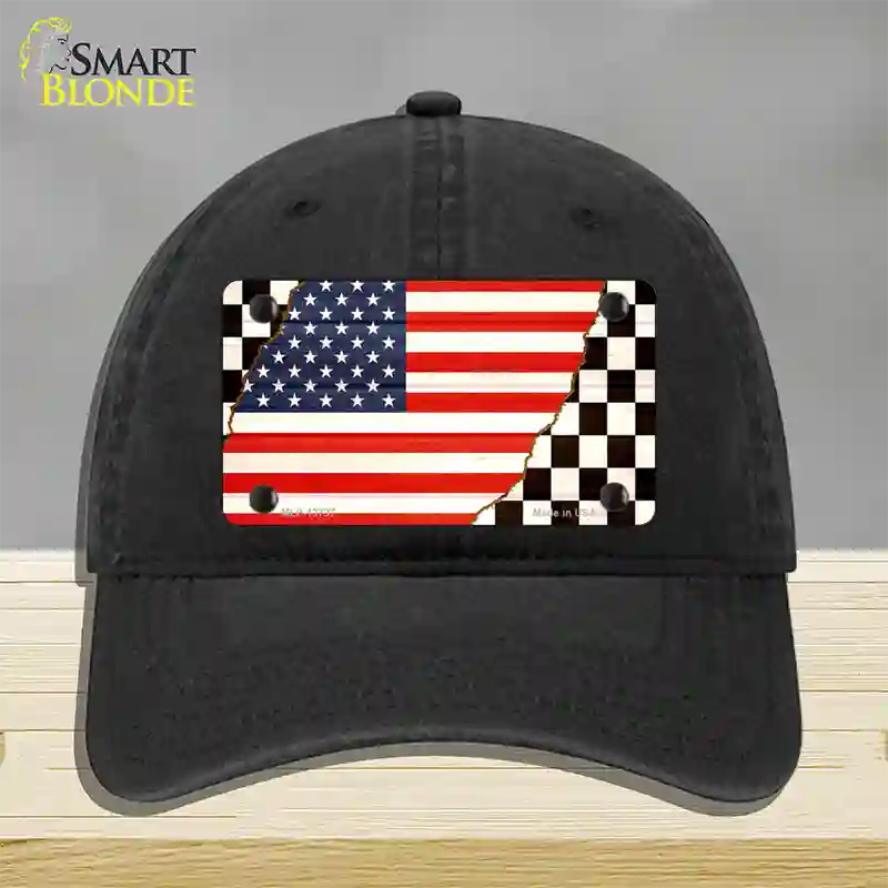 USA Racing Flag Novelty License Plate Hat Tag Unconstructed Cotton / Black