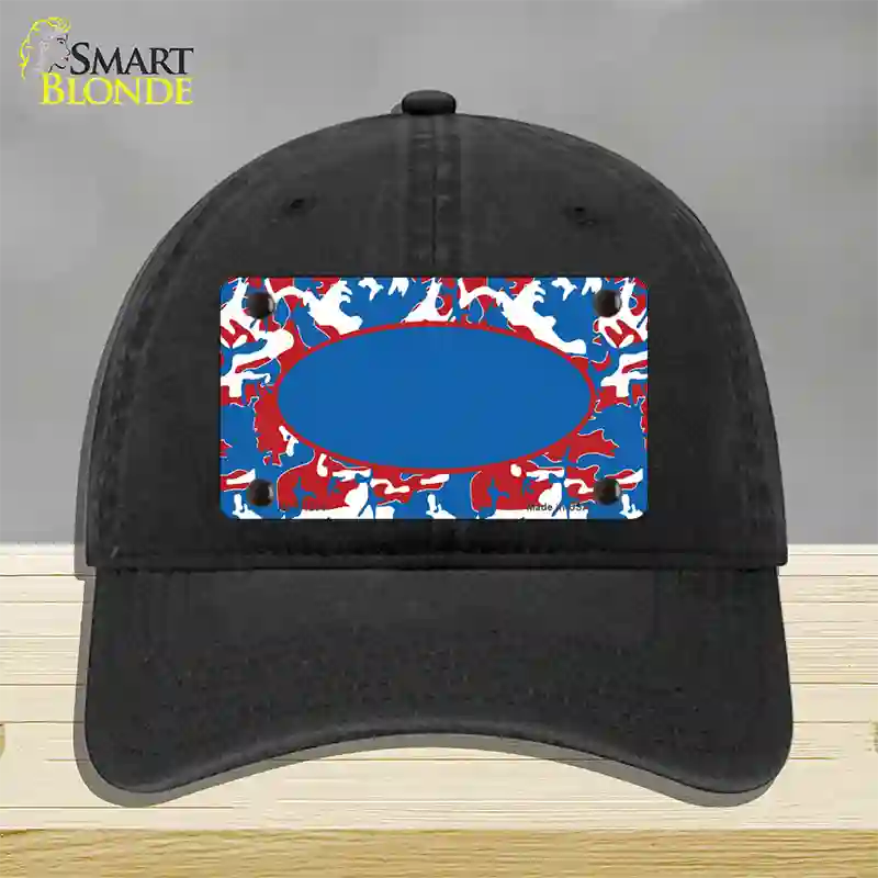 Patriotic Camouflage With Blue Center Oval Novelty License Plate Hat Unconstructed Cotton / Black