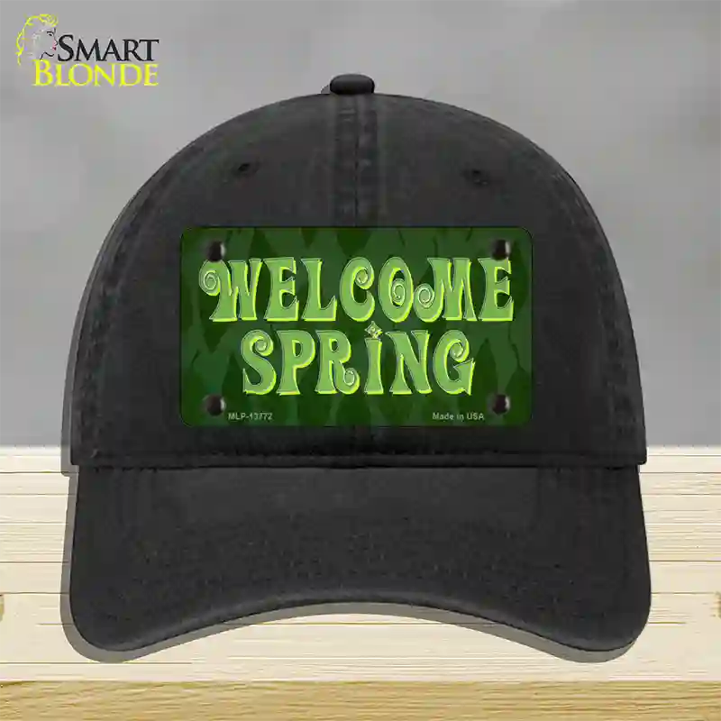 Welcome Spring Novelty License Plate Hat Tag Unconstructed Cotton / Black