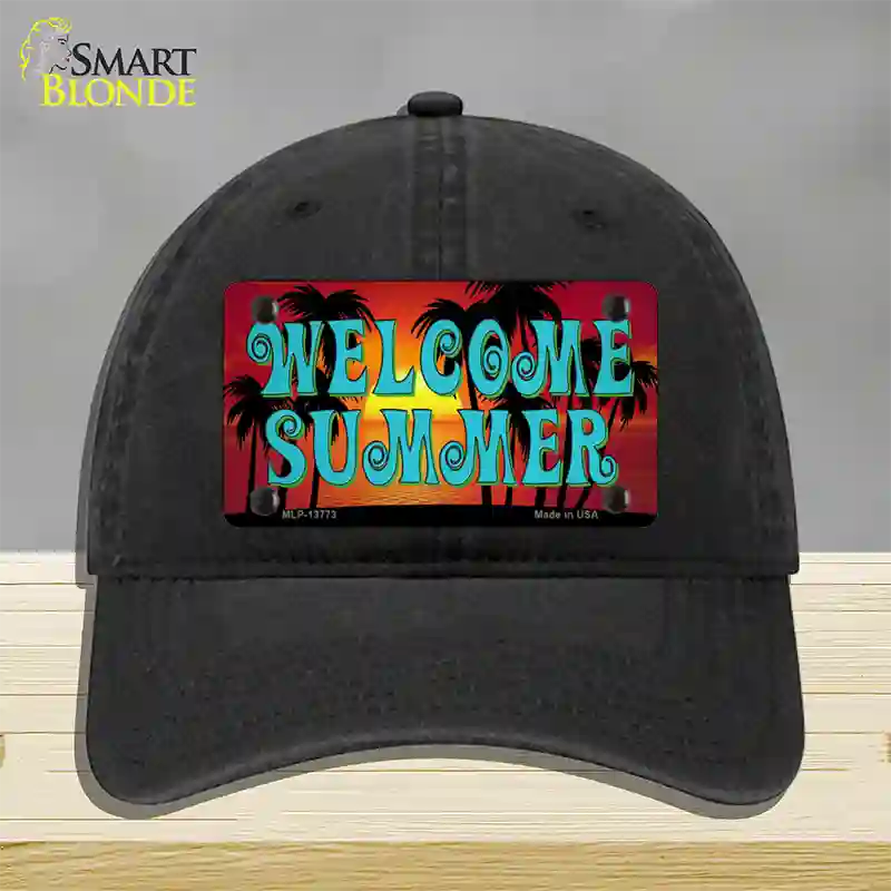 Welcome Summer Novelty License Plate Hat Tag Unconstructed Cotton / Black