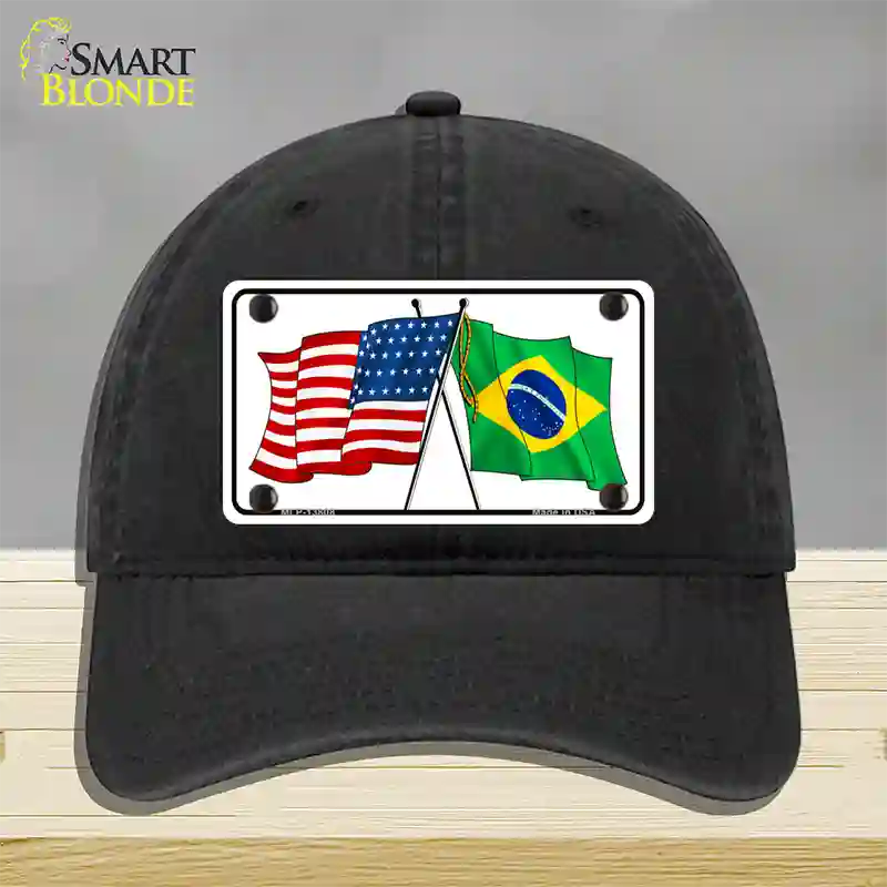 Brazil USA Crossed Flags Novelty License Plate Hat Tag Unconstructed Cotton / Black