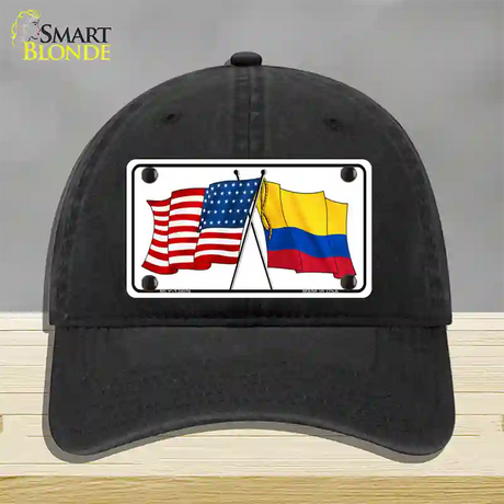 Colombia USA Crossed Flags Novelty License Plate Hat Tag Unconstructed Cotton / Black