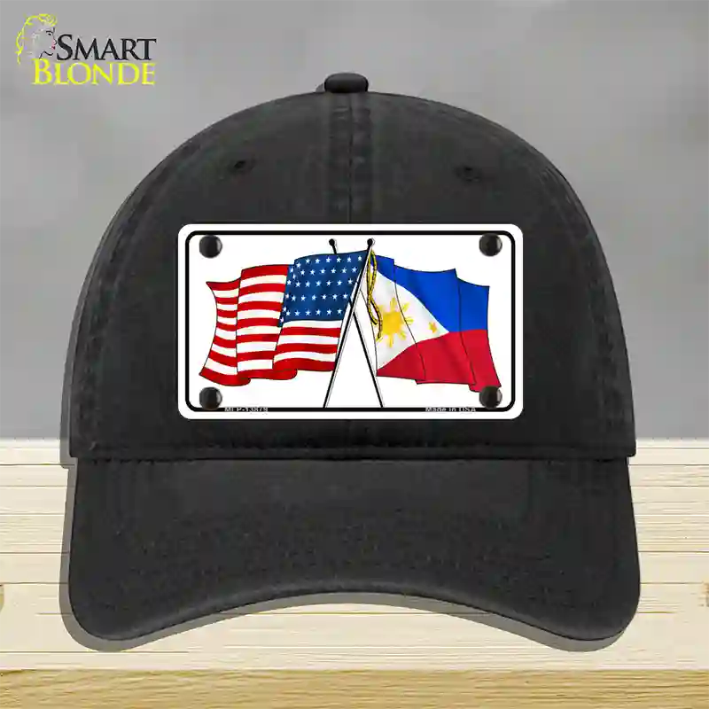 Philippines US Crossed Flag Novelty License Plate Hat Tag Unconstructed Cotton / Black