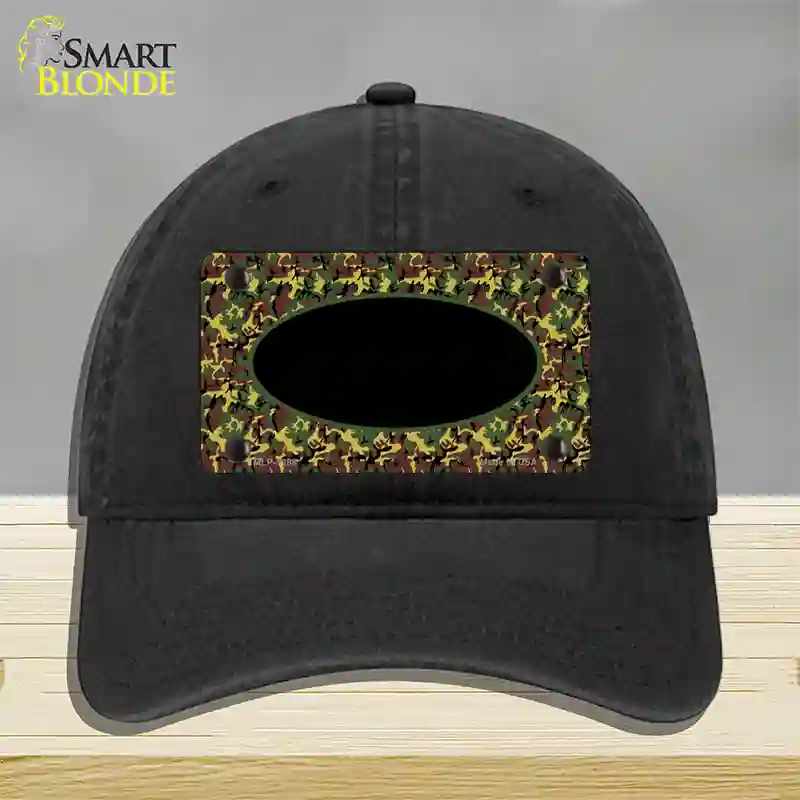 Green Camo Oval With Black Oval Center Novelty License Plate Hat Unconstructed Cotton / Black