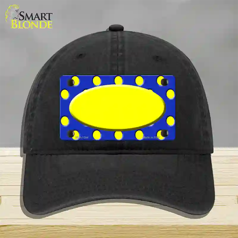 Yellow Royal Blue Polka Dot Center Oval Novelty License Plate Hat Unconstructed Cotton / Black