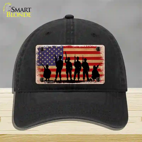 Military Soldiers American Flag Novelty License Plate Hat Tag Unconstructed Cotton / Black