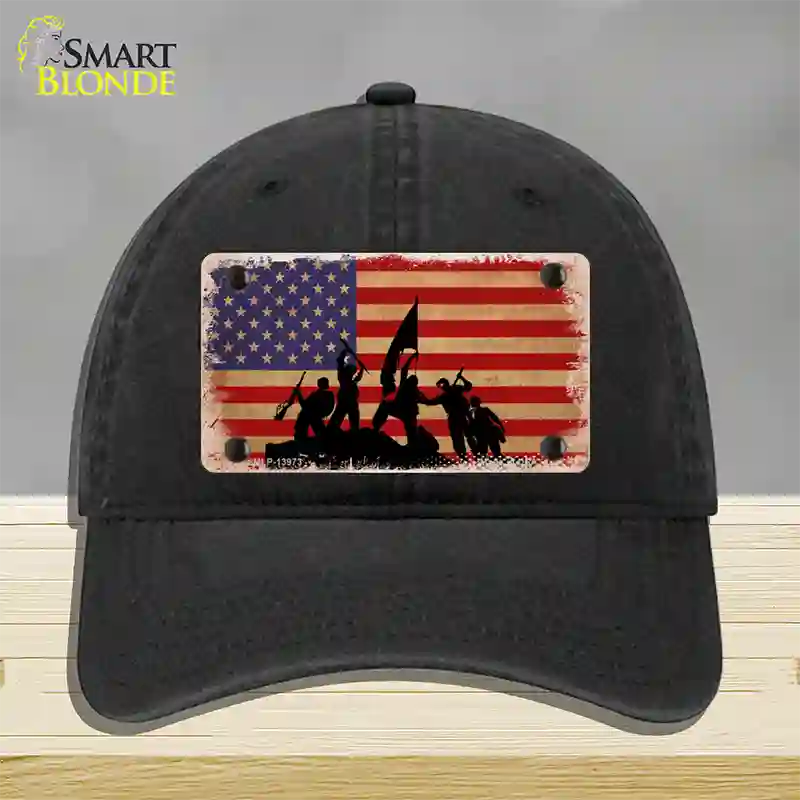 Grunge American Flag with Soldiers Novelty License Plate Hat Tag Unconstructed Cotton / Black