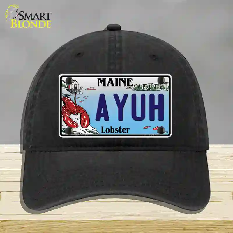 Ayuh Maine Lobster Novelty License Plate Hat Unconstructed Cotton / Black