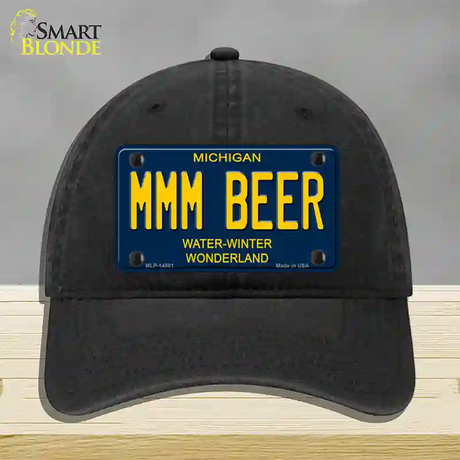 Mmm Beer Michigan Blue Novelty License Plate Hat Unconstructed Cotton / Black