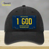 1 God Michigan Blue Novelty License Plate Hat Unconstructed Cotton / Black