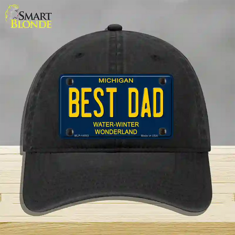 Best Dad Michigan Blue Novelty License Plate Hat Unconstructed Cotton / Black