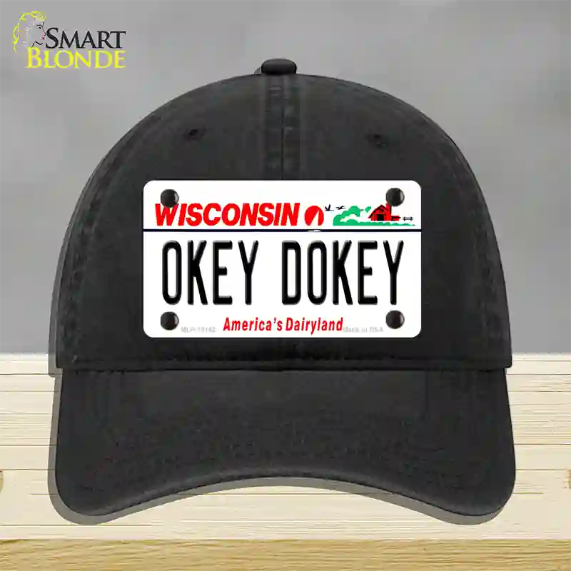 Okey Dokey Wisconsin State Background Novelty License Plate Hat Unconstructed Cotton / Black