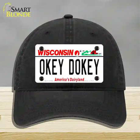 Okey Dokey Wisconsin State Background Novelty License Plate Hat Unconstructed Cotton / Black