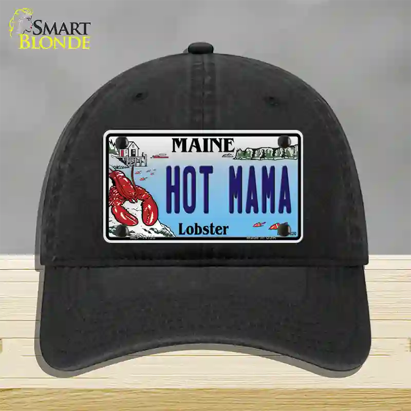 Hot Mama Maine Lobster Novelty License Plate Hat Unconstructed Cotton / Black