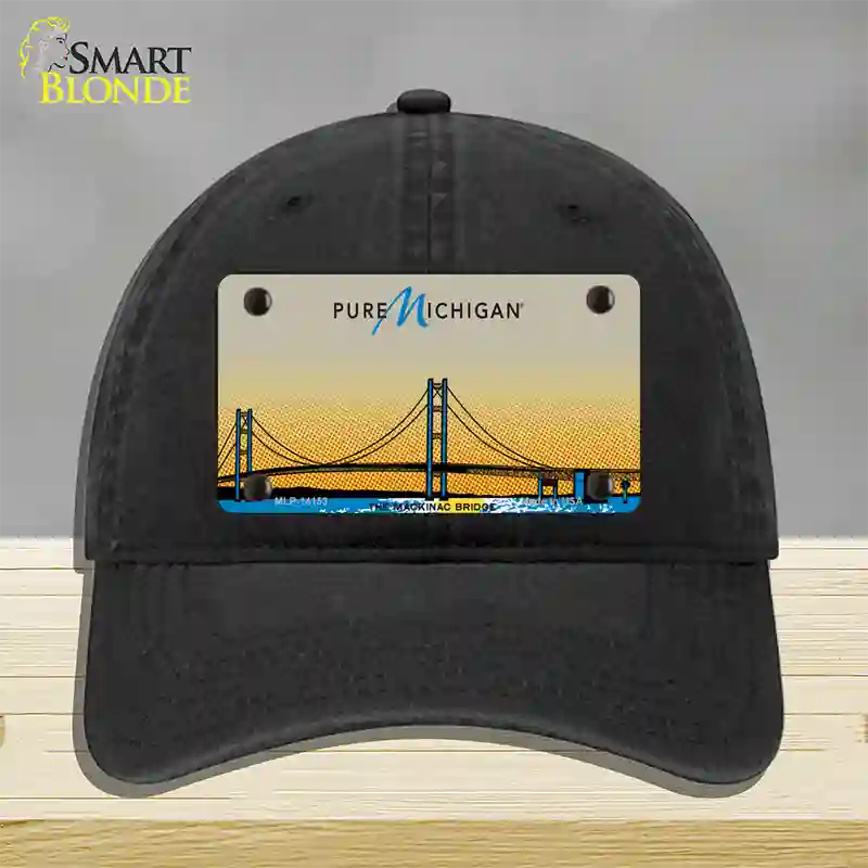 Pure Michigan Mackinac Bridge Novelty License Plate Hat Unconstructed Cotton / Black