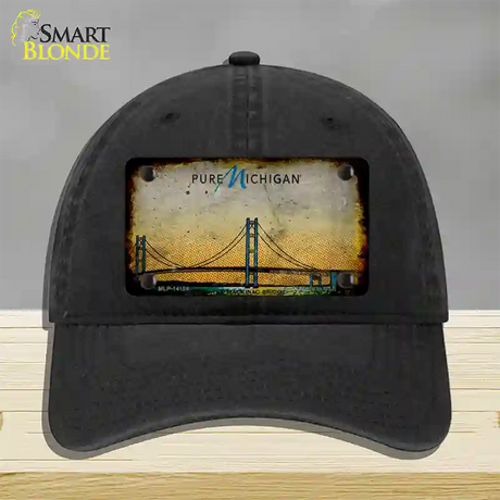 Pure Michigan Mackinac Bridge Rusty Novelty License Plate Hat Unconstructed Cotton / Black