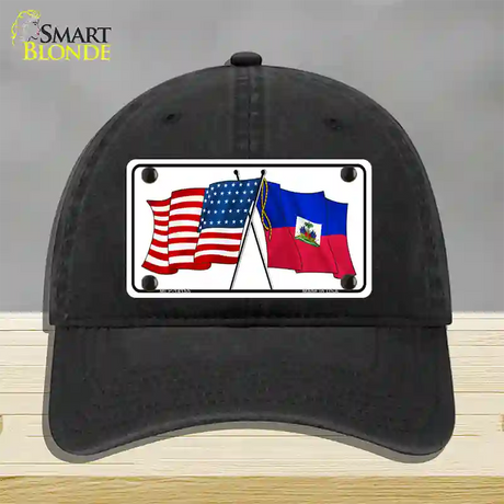 Haiti Crossed US Flag Novelty License Plate Hat Unconstructed Cotton / Black