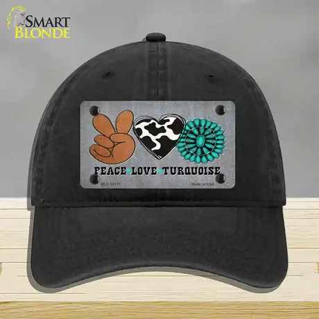 Peace Love Turquoise Novelty License Plate Hat Unconstructed Cotton / Black