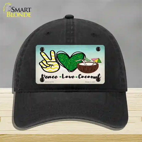 Peace Love Coconut Novelty License Plate Hat Unconstructed Cotton / Black