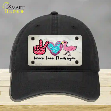 Peace Love Flamingos Novelty License Plate Hat Unconstructed Cotton / Black