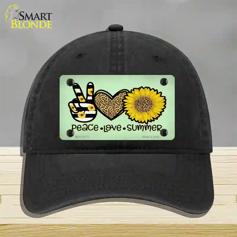 Peace Love Summer Sunflower Novelty License Plate Hat Unconstructed Cotton / Black