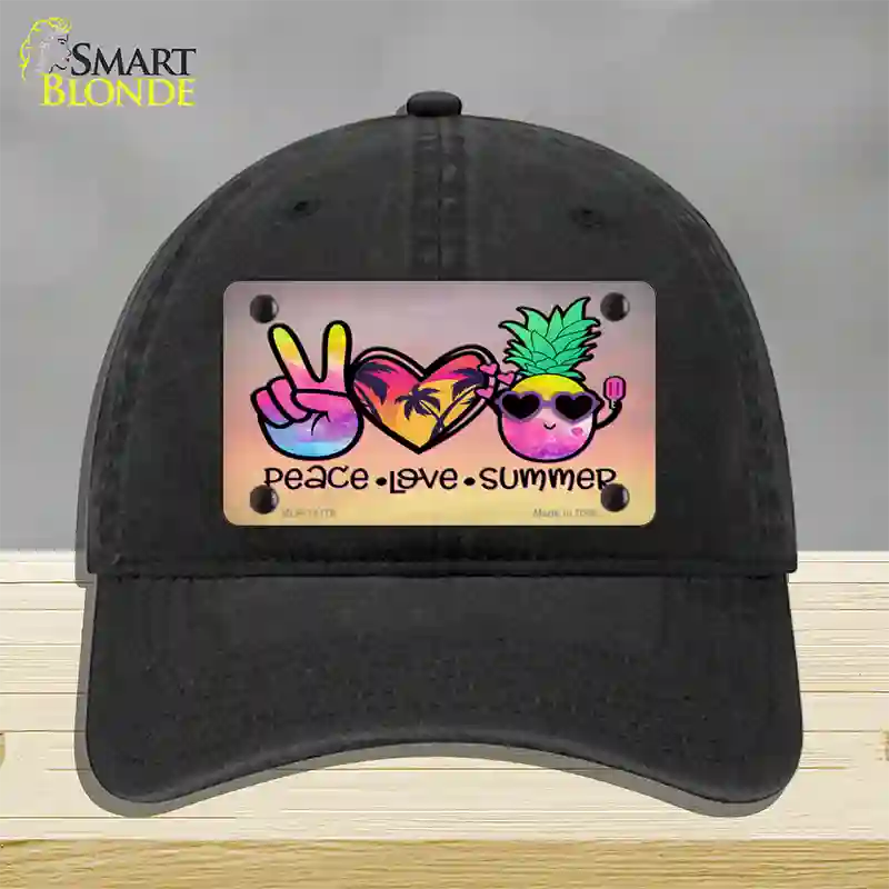 Peace Love Summer Novelty License Plate Hat Unconstructed Cotton / Black