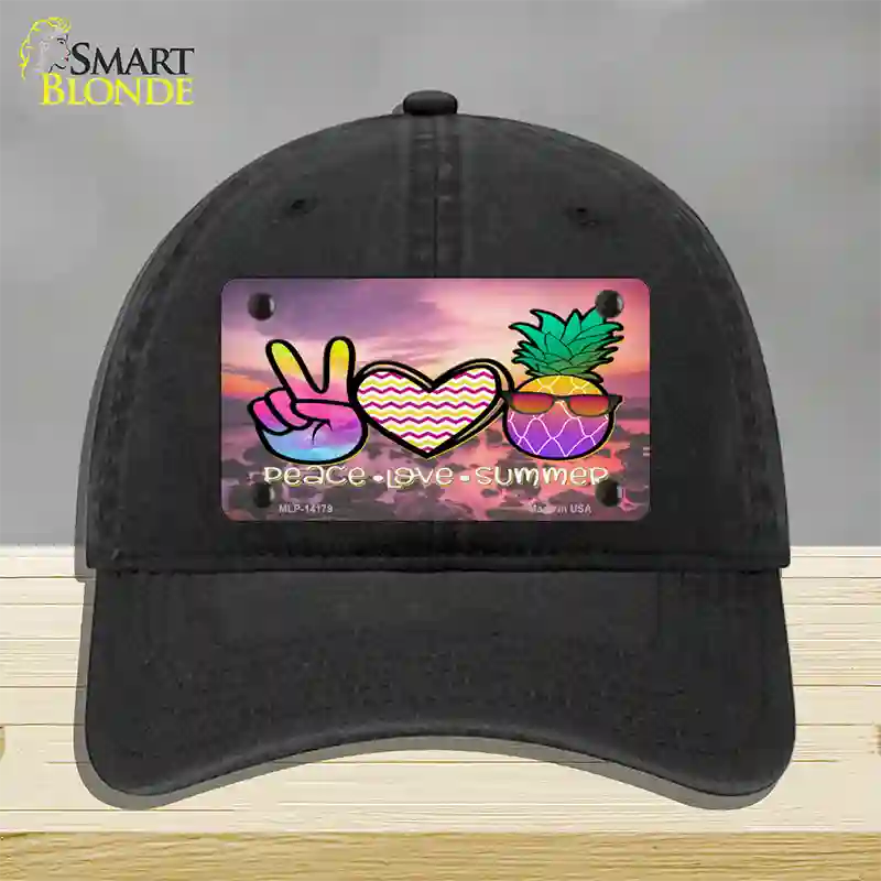 Peace Love Summer Pineapple BeachNovelty License Plate Hat Unconstructed Cotton / Black