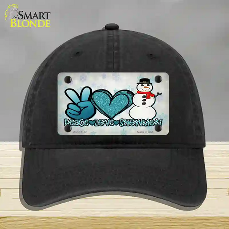 Peace Love Snowman Novelty License Plate Hat Unconstructed Cotton / Black