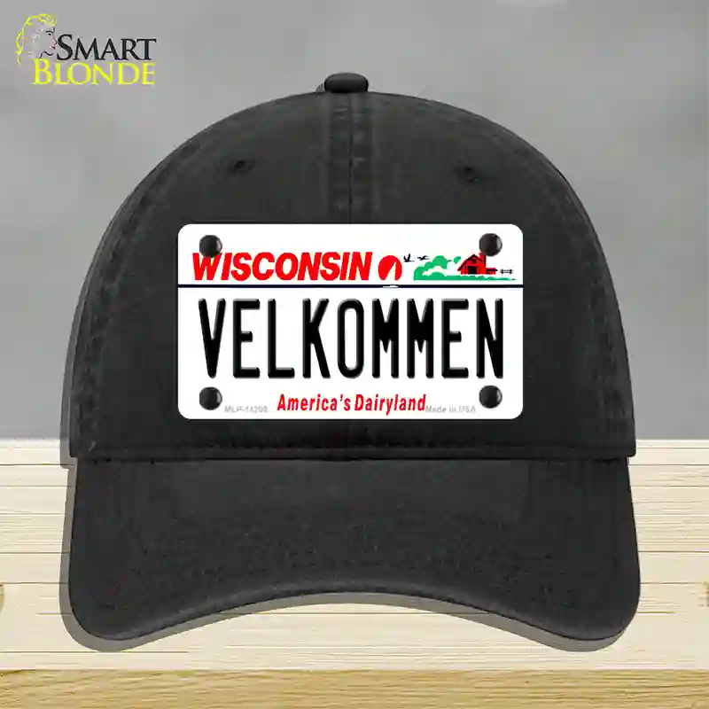 Velkommen Wisconsin Novelty License Plate Hat Unconstructed Cotton / Black