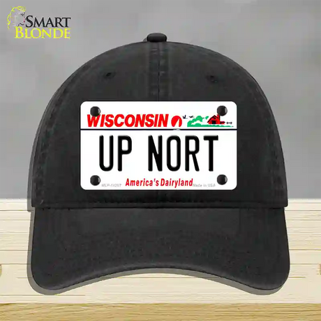 Up Nort Wisconsin Novelty License Plate Hat Unconstructed Cotton / Black