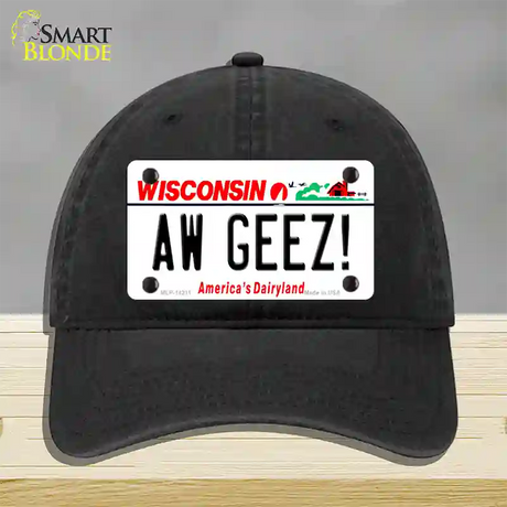 Aw Geez Wisconsin Novelty License Plate Hat Unconstructed Cotton / Black