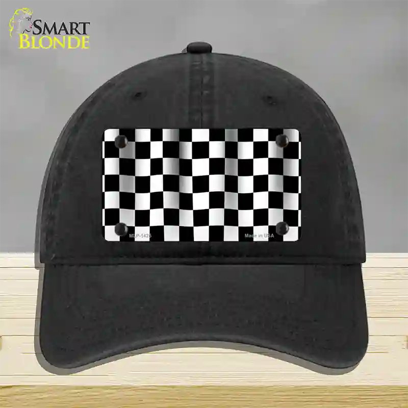 Waving Checkered Flag Novelty License Plate Hat Unconstructed Cotton / Black