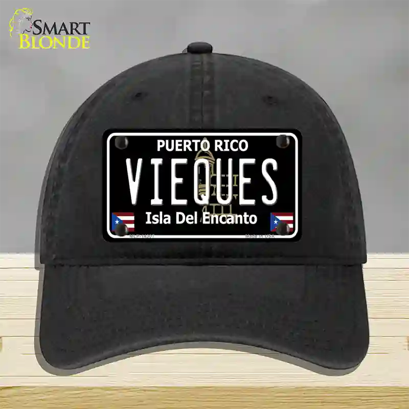 Vieques Puerto Rico Black Novelty License Plate Hat Unconstructed Cotton / Black