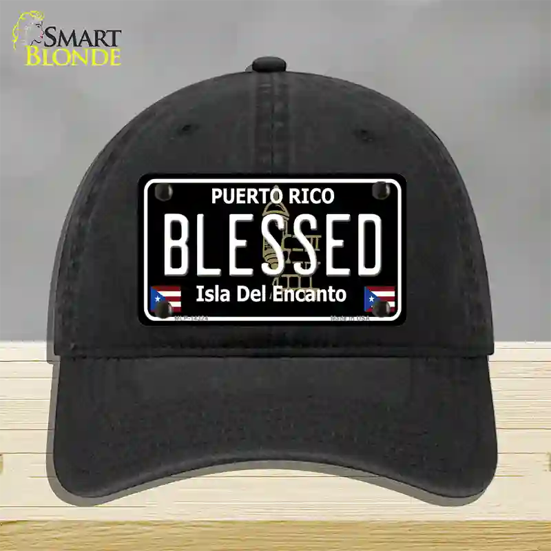 Blessed Puerto Rico Black Novelty License Plate Hat Unconstructed Cotton / Black