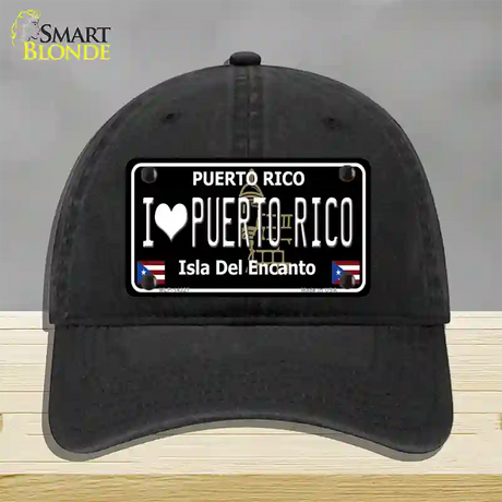 I Love Puerto Rico Black Novelty License Plate Hat Unconstructed Cotton / Black