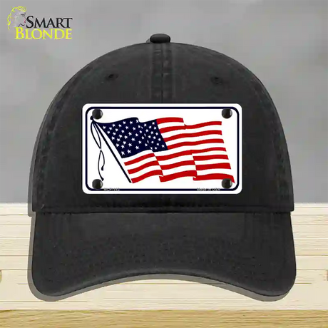 American Flag Waving White Novelty License Plate Hat Unconstructed Cotton / Black