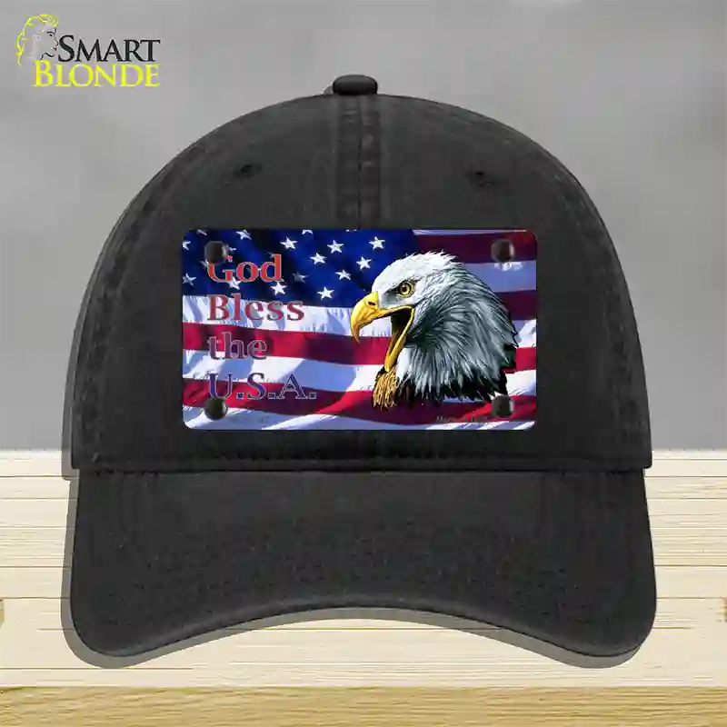 God Bless The USA Eagle Novelty License Plate Hat Unconstructed Cotton / Black