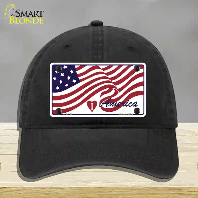 I Love America Flag Novelty License Plate Hat Unconstructed Cotton / Black