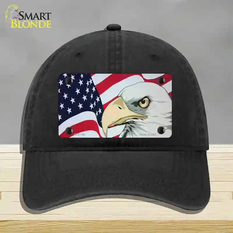 American Flag With Eagle Novelty License Plate Hat Unconstructed Cotton / Black