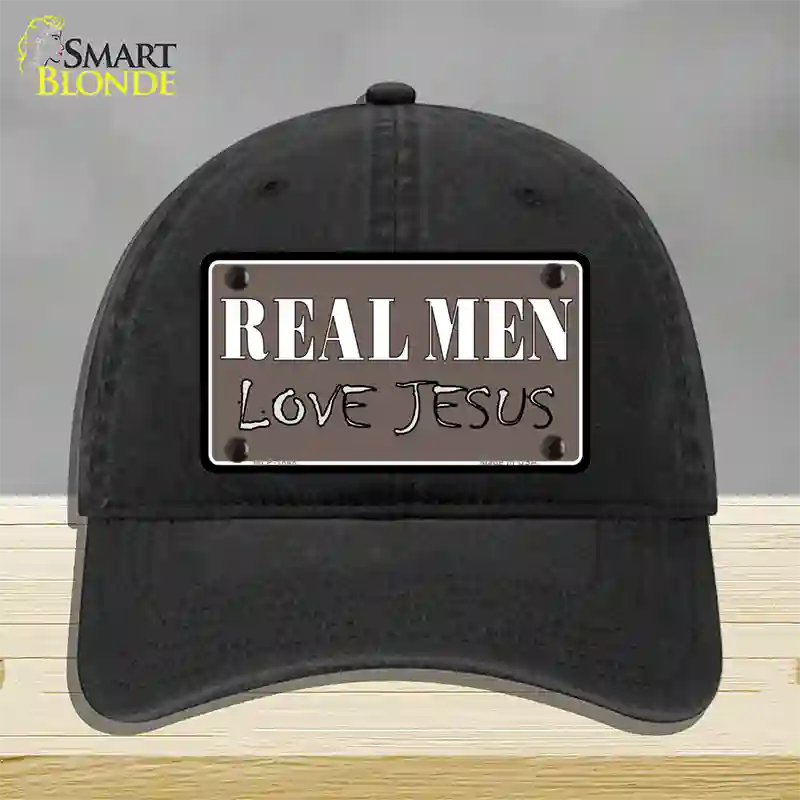 Real Men Love Jesus Novelty License Plate Hat Unconstructed Cotton / Black