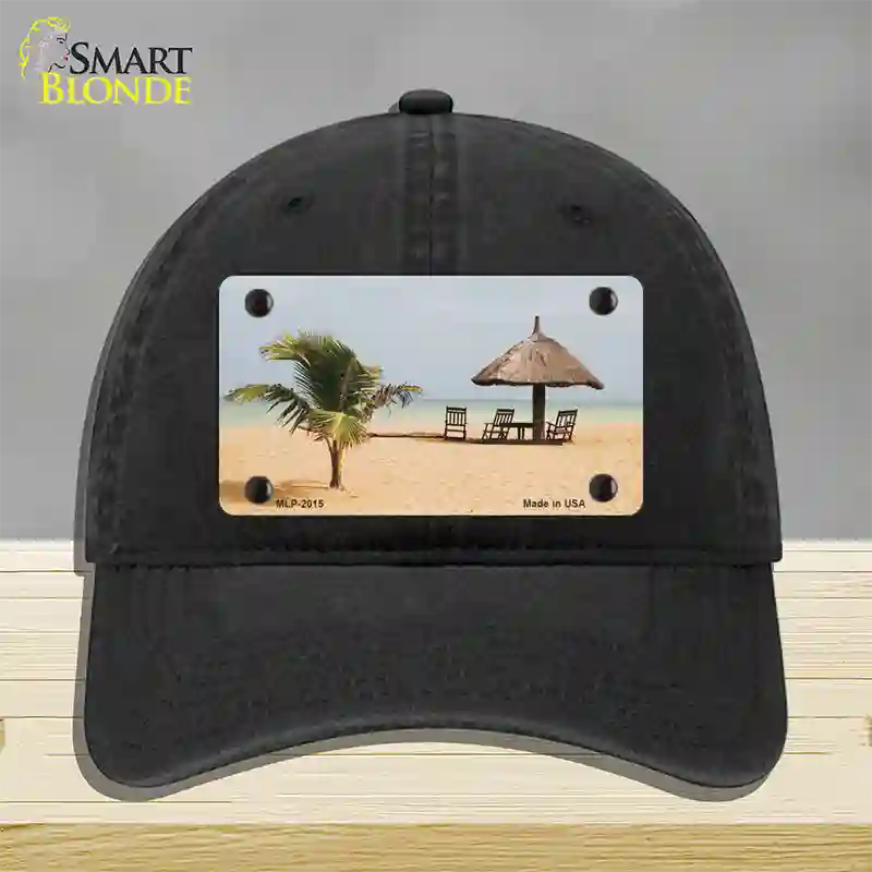 Tropical Beach Setting Novelty License Plate Hat Unconstructed Cotton / Black