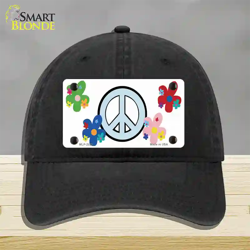 Peace Sign and Flowers Novelty License Plate Hat Unconstructed Cotton / Black