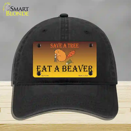 Save A Tree Eat a Beaver Novelty License Plate Hat Unconstructed Cotton / Black