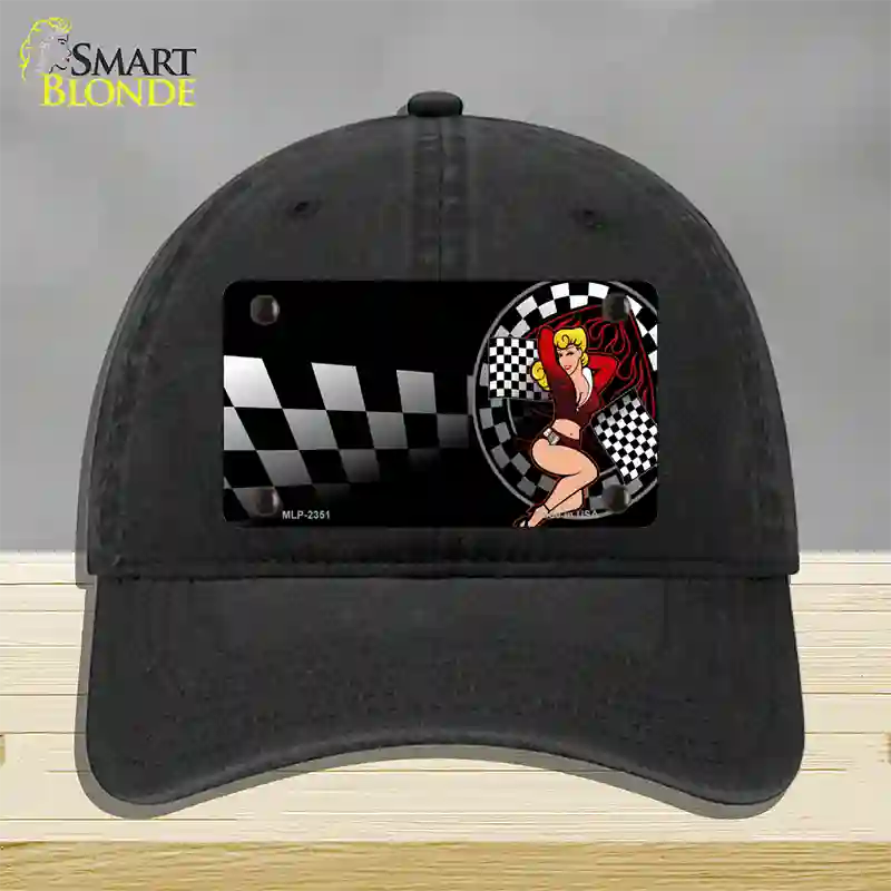 Racing Pin Up Girl Novelty License Plate Hat Unconstructed Cotton / Black