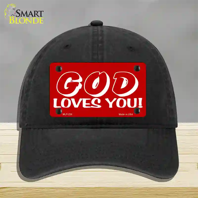 God Loves You Novelty License Plate Hat Unconstructed Cotton / Black