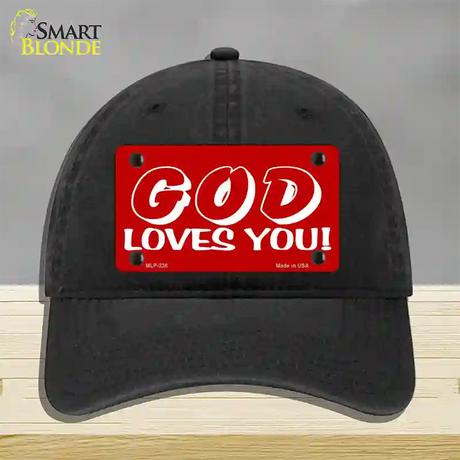 God Loves You Novelty License Plate Hat Unconstructed Cotton / Black