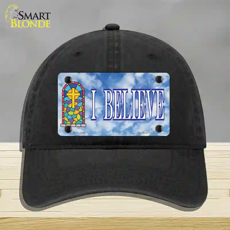 I Believe Novelty License Plate Hat Unconstructed Cotton / Black